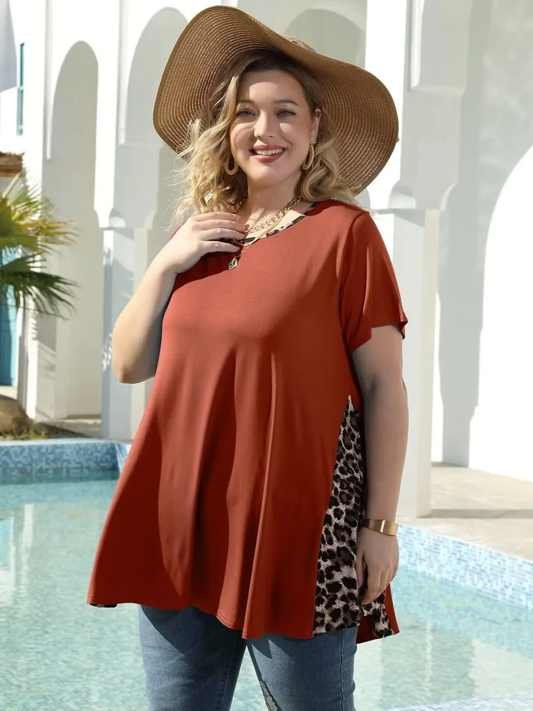 LARACE Womens Spring Summer Tops Plus Size Leopard Print Short Sleeve Tunic for Women 2025 Trendy Fashion Blouses