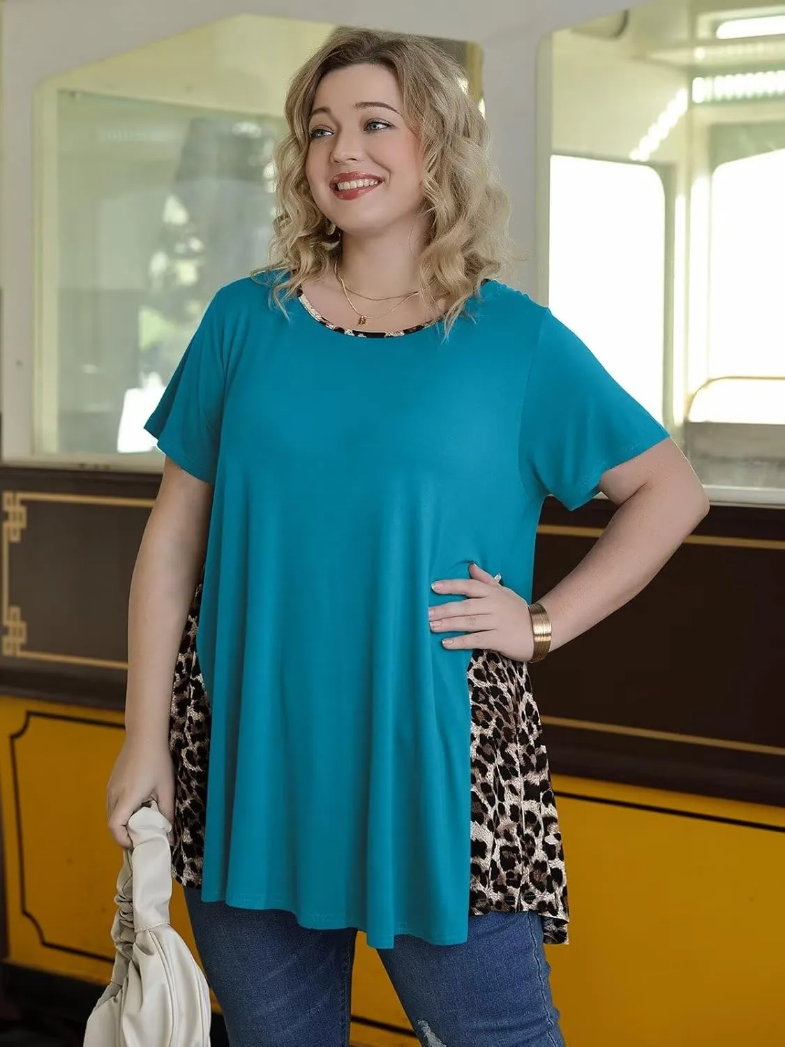 LARACE Womens Spring Summer Tops Plus Size Leopard Print Short Sleeve Tunic for Women 2025 Trendy Fashion Blouses