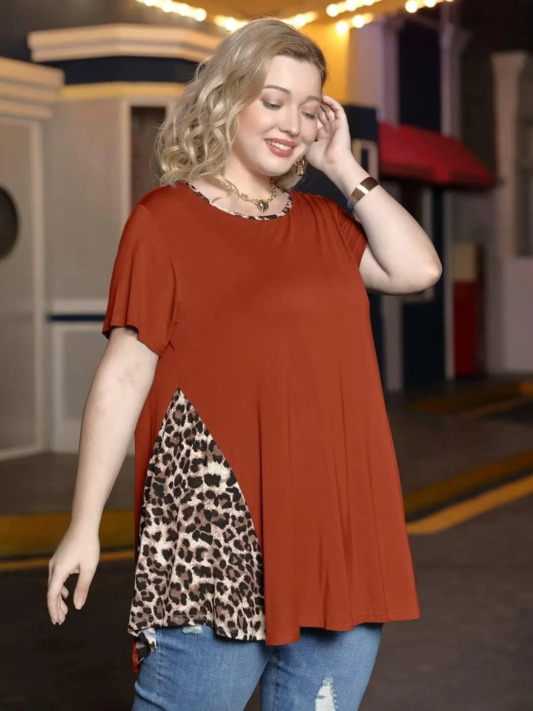LARACE Womens Spring Summer Tops Plus Size Leopard Print Short Sleeve Tunic for Women 2025 Trendy Fashion Blouses