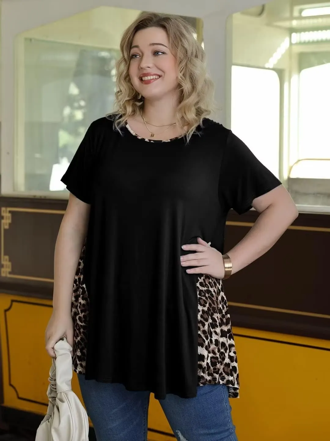 LARACE Womens Spring Summer Tops Plus Size Leopard Print Short Sleeve Tunic for Women 2025 Trendy Fashion Blouses