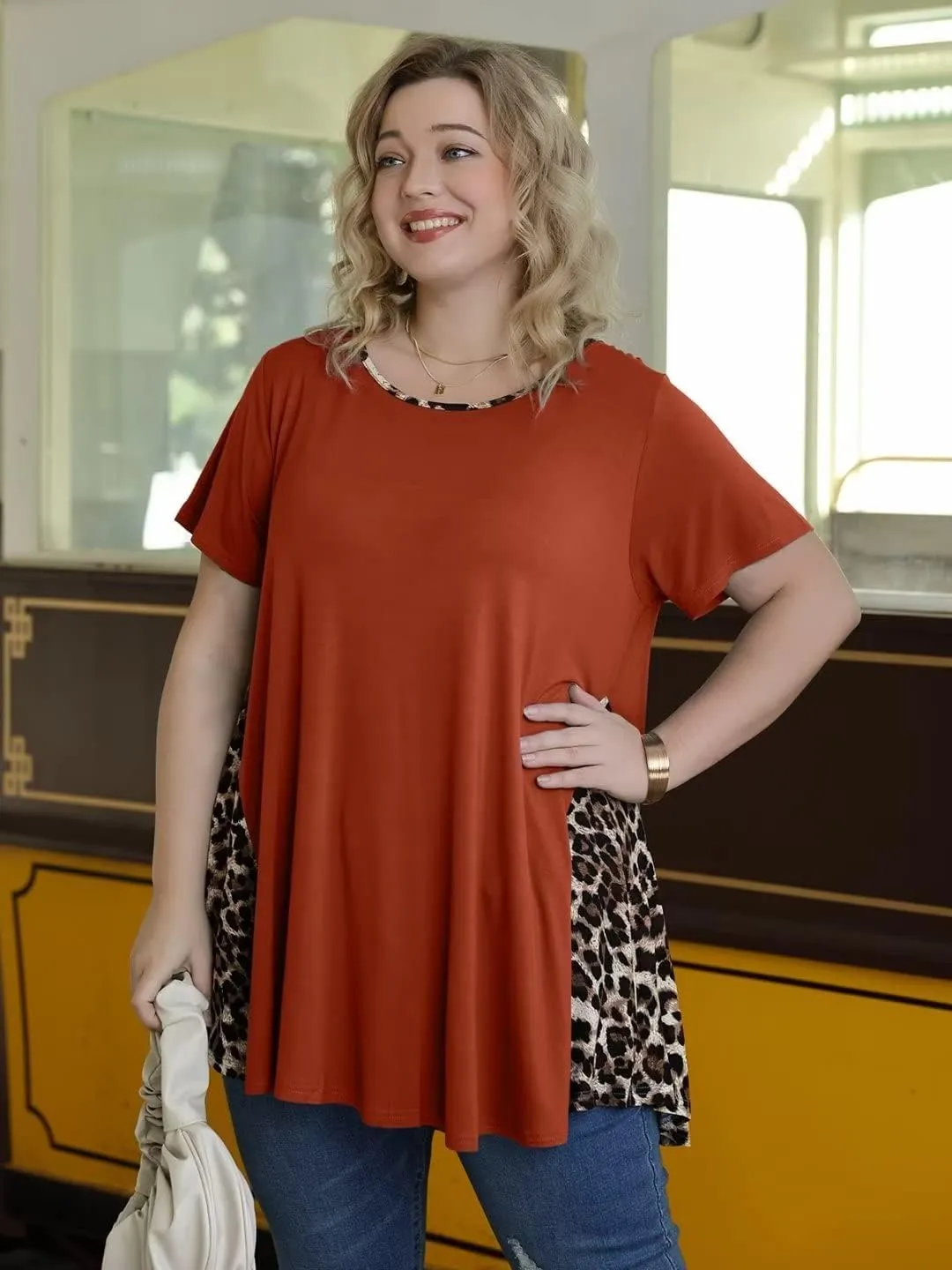 LARACE Womens Spring Summer Tops Plus Size Leopard Print Short Sleeve Tunic for Women 2025 Trendy Fashion Blouses