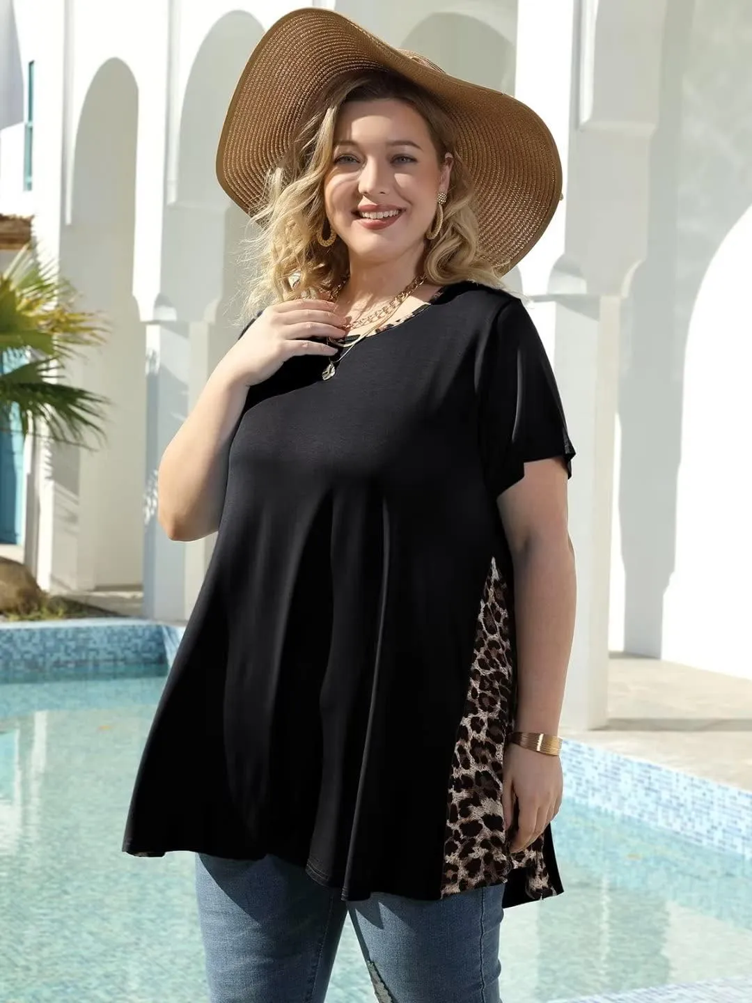 LARACE Womens Spring Summer Tops Plus Size Leopard Print Short Sleeve Tunic for Women 2025 Trendy Fashion Blouses