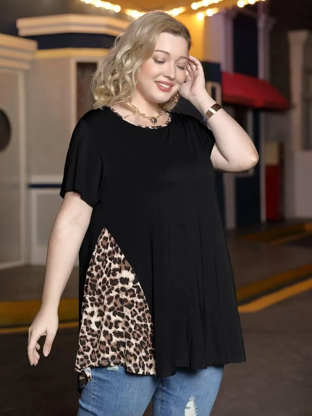 LARACE Womens Spring Summer Tops Plus Size Leopard Print Short Sleeve Tunic for Women 2025 Trendy Fashion Blouses