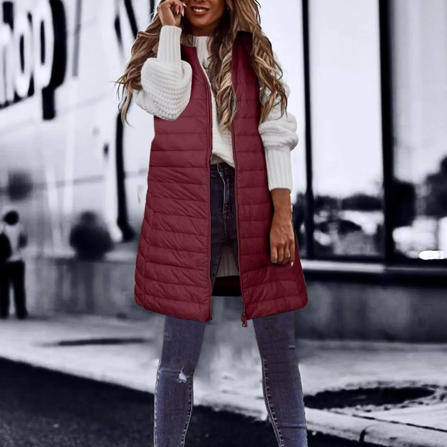 LCMTWX Womens Puffer Vest Long Winter Thin And Light Down Coat Casual Down Coat Slim Cotton Sleeveless Puffy Jacket with