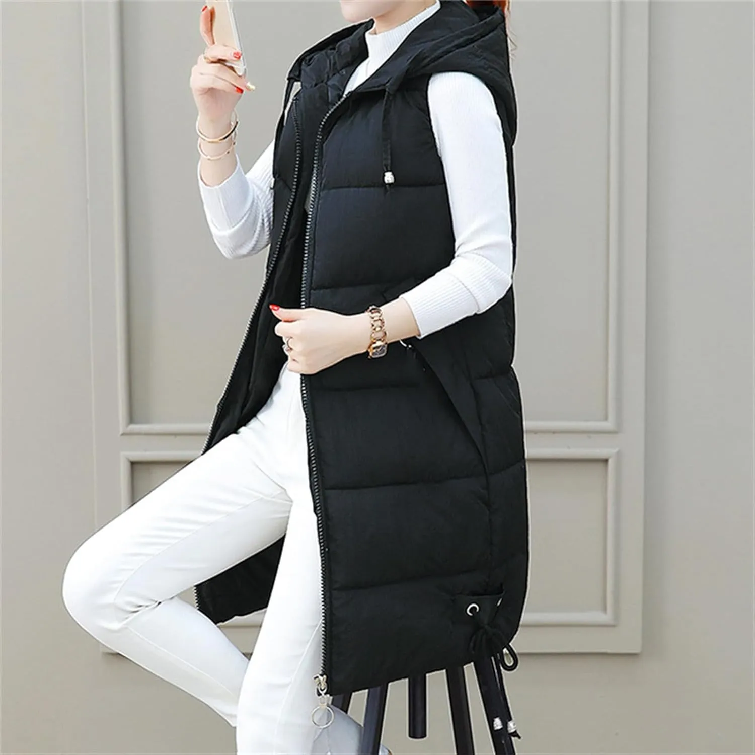 Lightweight Zipper Up Coat Vest Hooded Sleeveless Warm Cotton Coats with Pockets Vest Cotton Sleeveless Puffer
