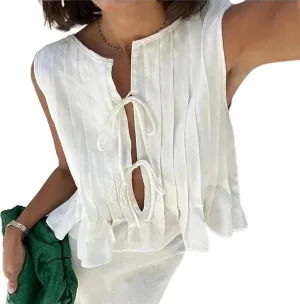 Linen Bow Tie Front Tank Tops Vest Women Coquette Babydoll Peplum Blouses Y2k Sleeveless Pleated Ruffle Tunic Shirt