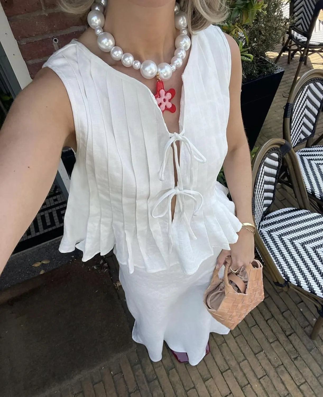 Linen Bow Tie Front Tank Tops Vest Women Coquette Babydoll Peplum Blouses Y2k Sleeveless Pleated Ruffle Tunic Shirt