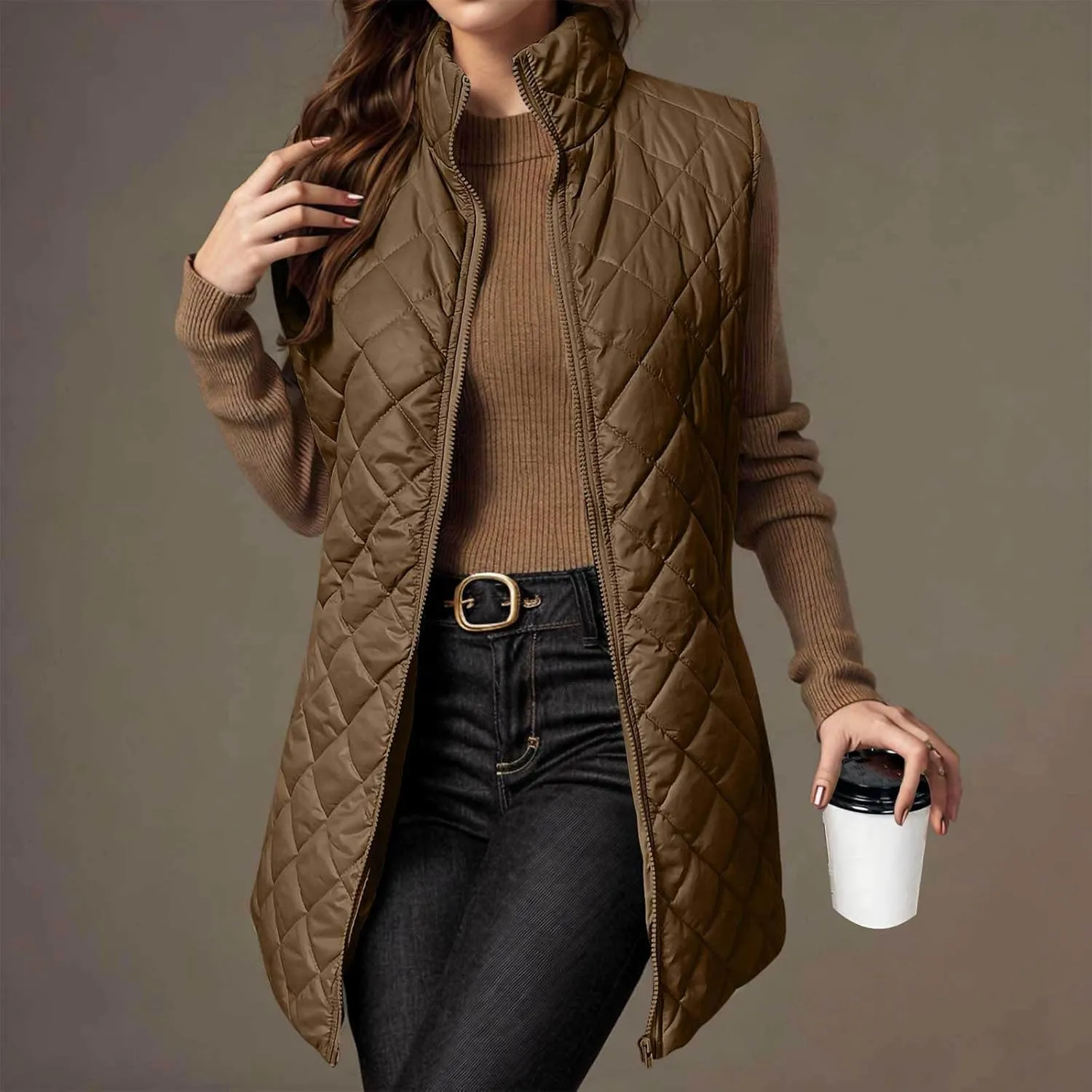 Long Puffer Vest Women Lightweight Quilted Sleeveless Stand Collar Zip Up Puffy Jacket with Pockets Winter Outerwear