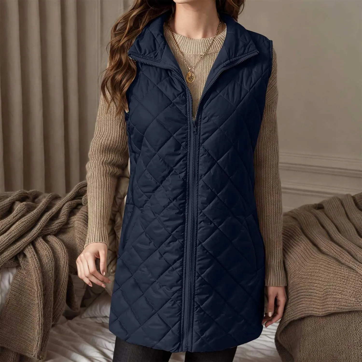 Long Puffer Vest Women Lightweight Quilted Sleeveless Stand Collar Zip Up Puffy Jacket with Pockets Winter Outerwear