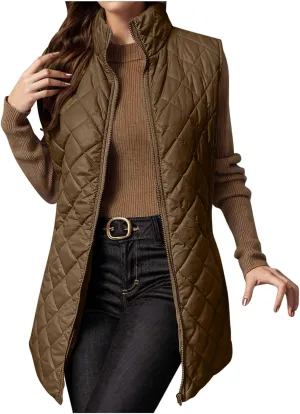 Long Puffer Vest Women Lightweight Quilted Sleeveless Stand Collar Zip Up Puffy Jacket with Pockets Winter Outerwear