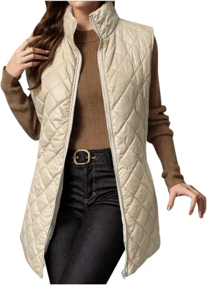Long Puffer Vest Women Lightweight Quilted Sleeveless Stand Collar Zip Up Puffy Jacket with Pockets Winter Outerwear