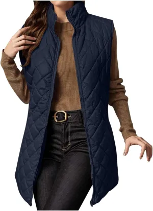 Long Puffer Vest Women Lightweight Quilted Sleeveless Stand Collar Zip Up Puffy Jacket with Pockets Winter Outerwear