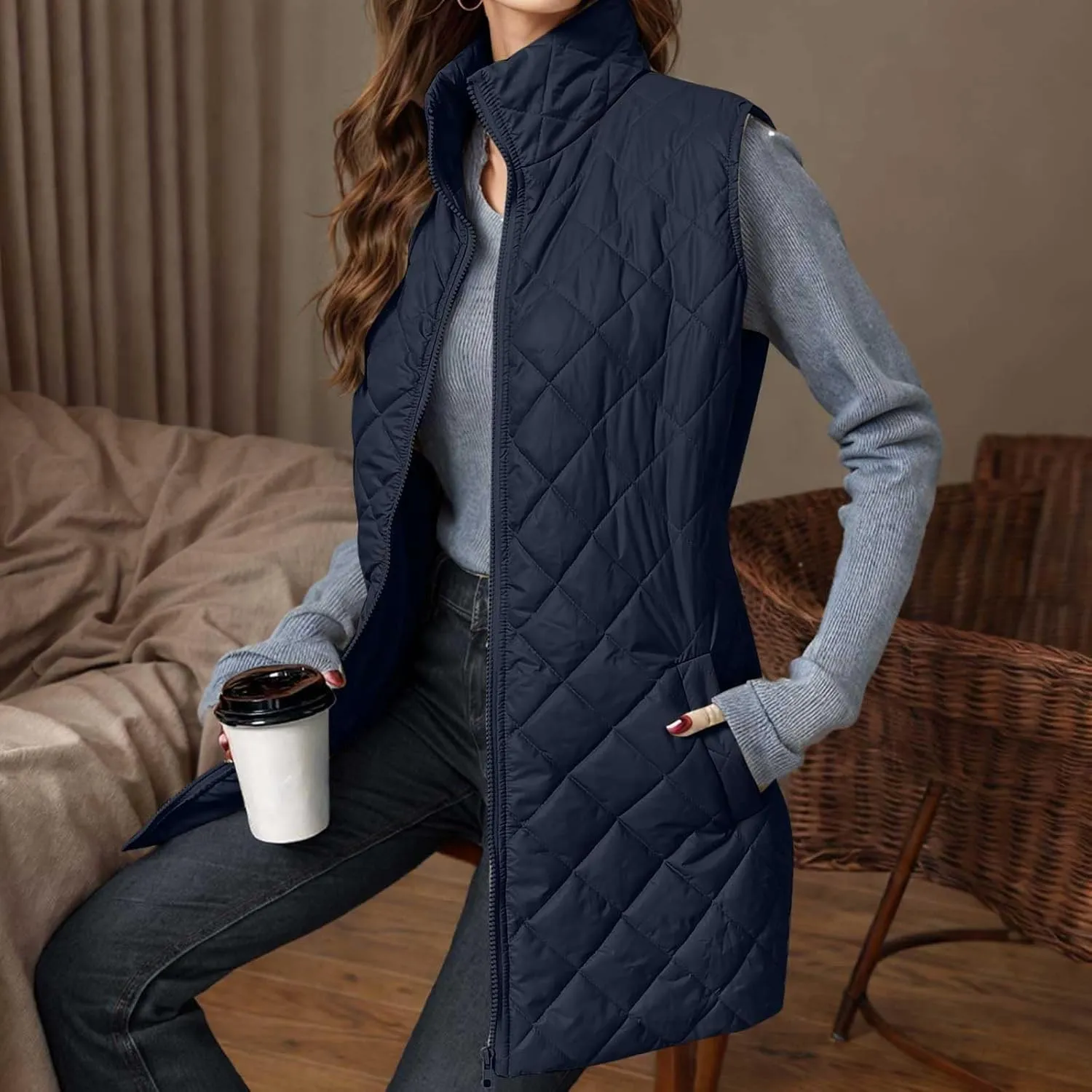 Long Puffer Vest Women Lightweight Quilted Sleeveless Stand Collar Zip Up Puffy Jacket with Pockets Winter Outerwear