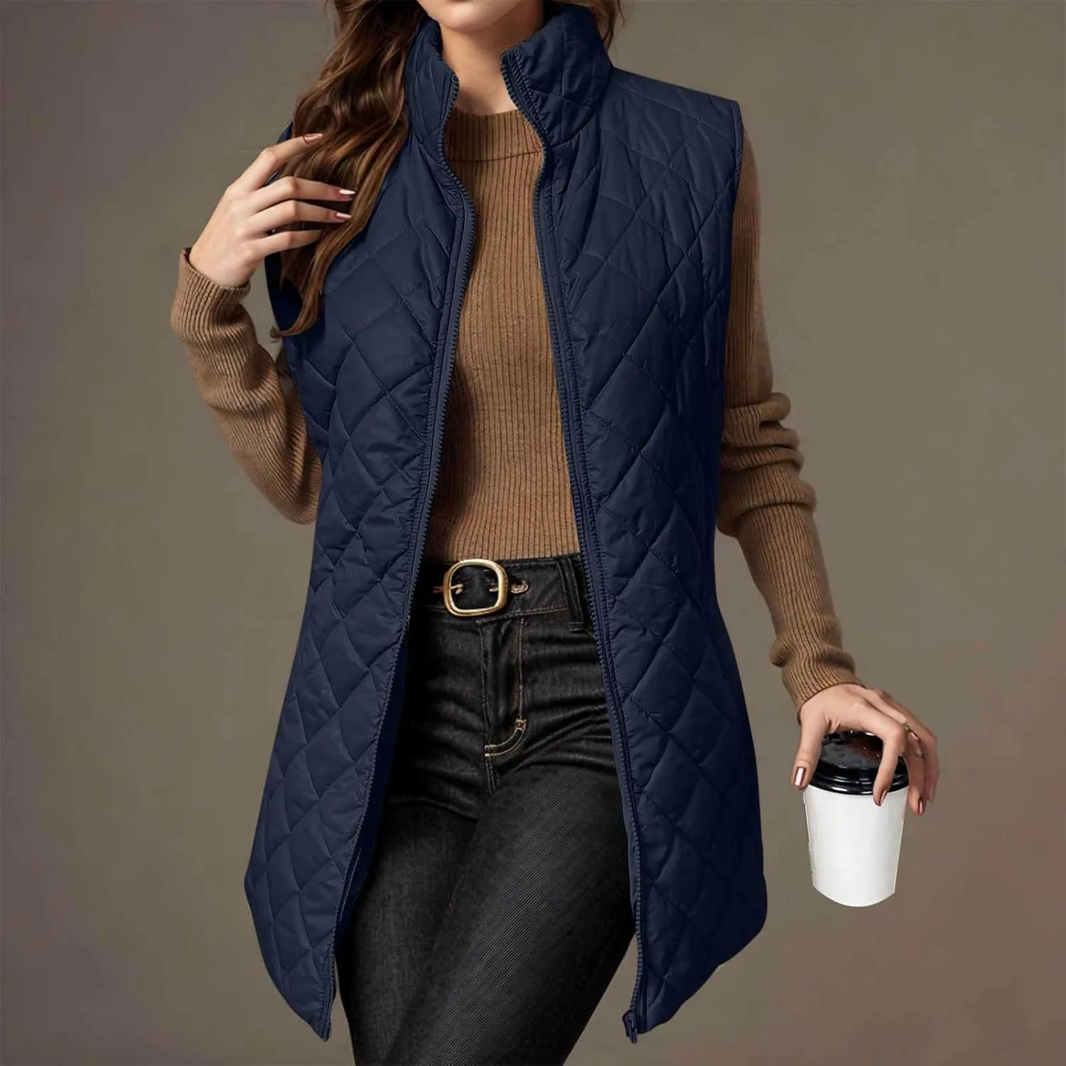 Long Puffer Vest Women Lightweight Quilted Sleeveless Stand Collar Zip Up Puffy Jacket with Pockets Winter Outerwear