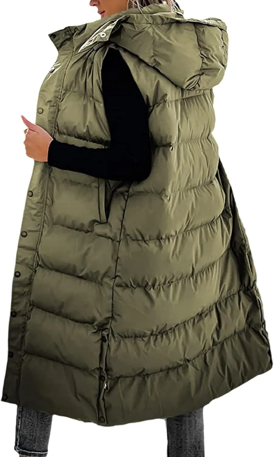 Long Puffer Vest Women Winter Warm Hooded Down Vest Oversized Sleveless Quilted Puffy Jacket Zipper Cotton Padded Coat