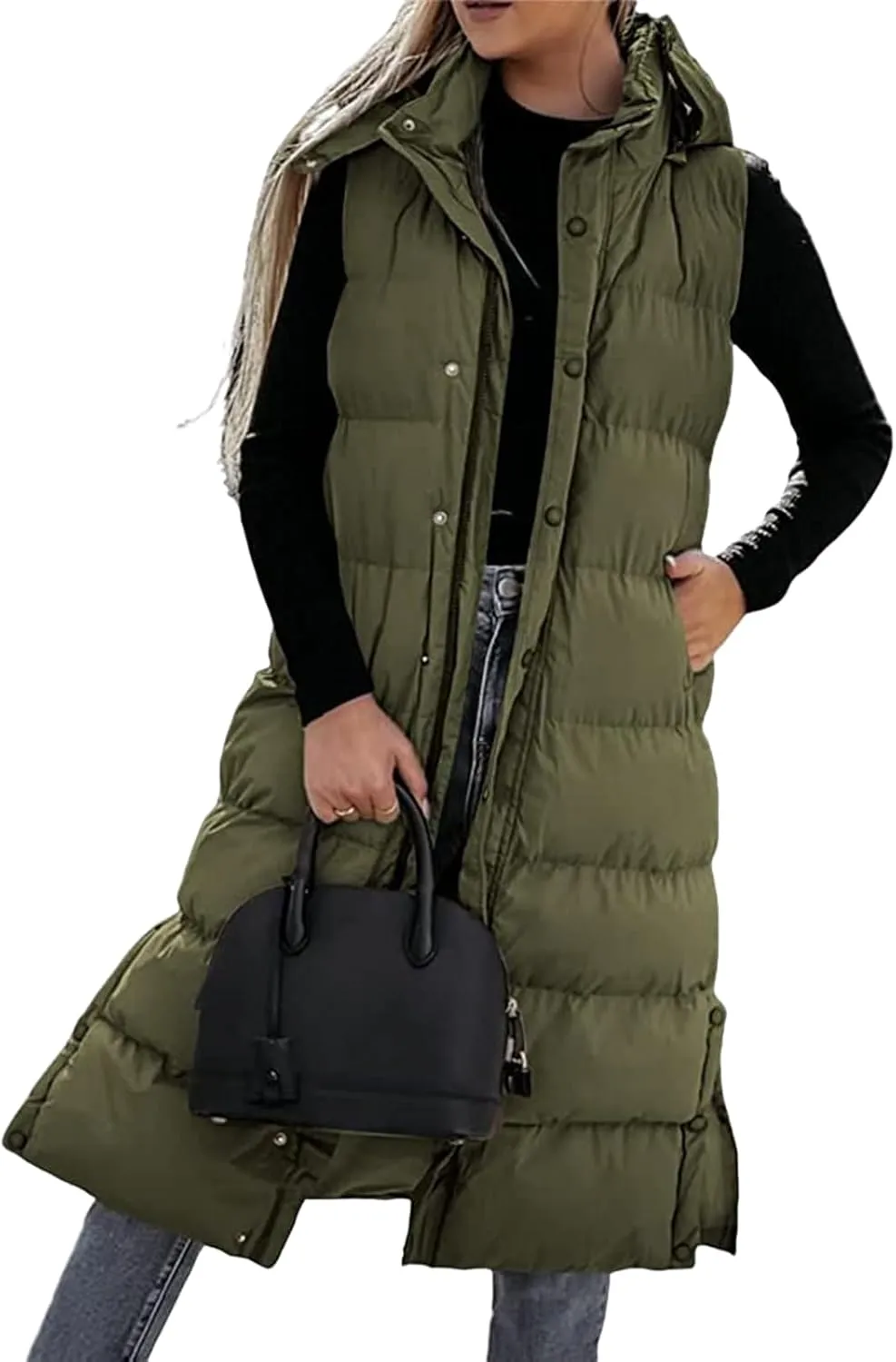 Long Puffer Vest Women Winter Warm Hooded Down Vest Oversized Sleveless Quilted Puffy Jacket Zipper Cotton Padded Coat