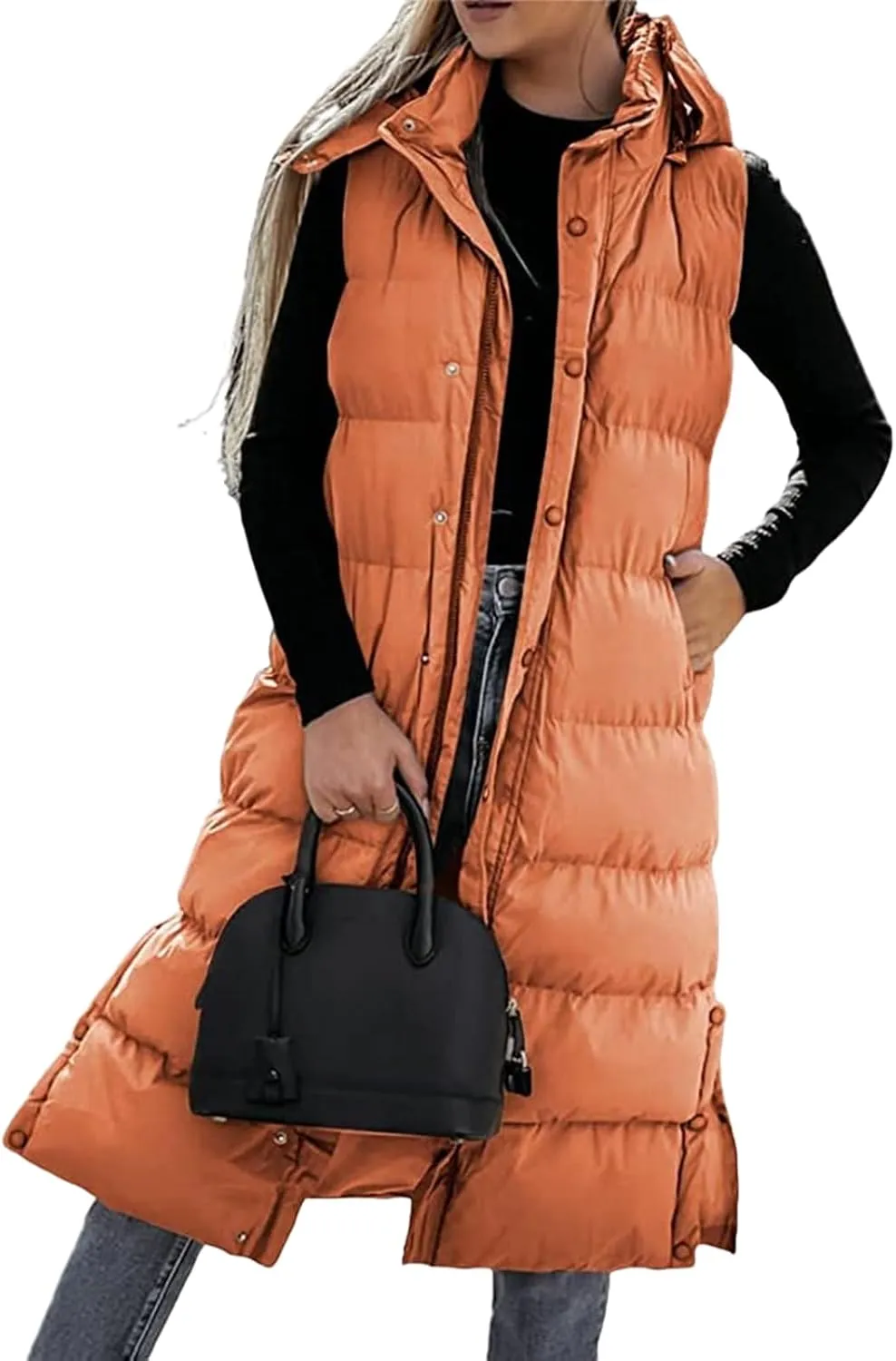 Long Puffer Vest Women Winter Warm Hooded Down Vest Oversized Sleveless Quilted Puffy Jacket Zipper Cotton Padded Coat