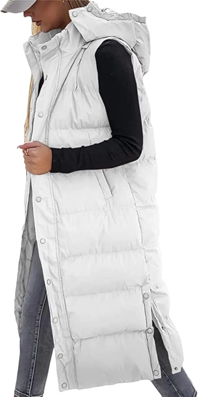 Long Puffer Vest Women Winter Warm Hooded Down Vest Oversized Sleveless Quilted Puffy Jacket Zipper Cotton Padded Coat