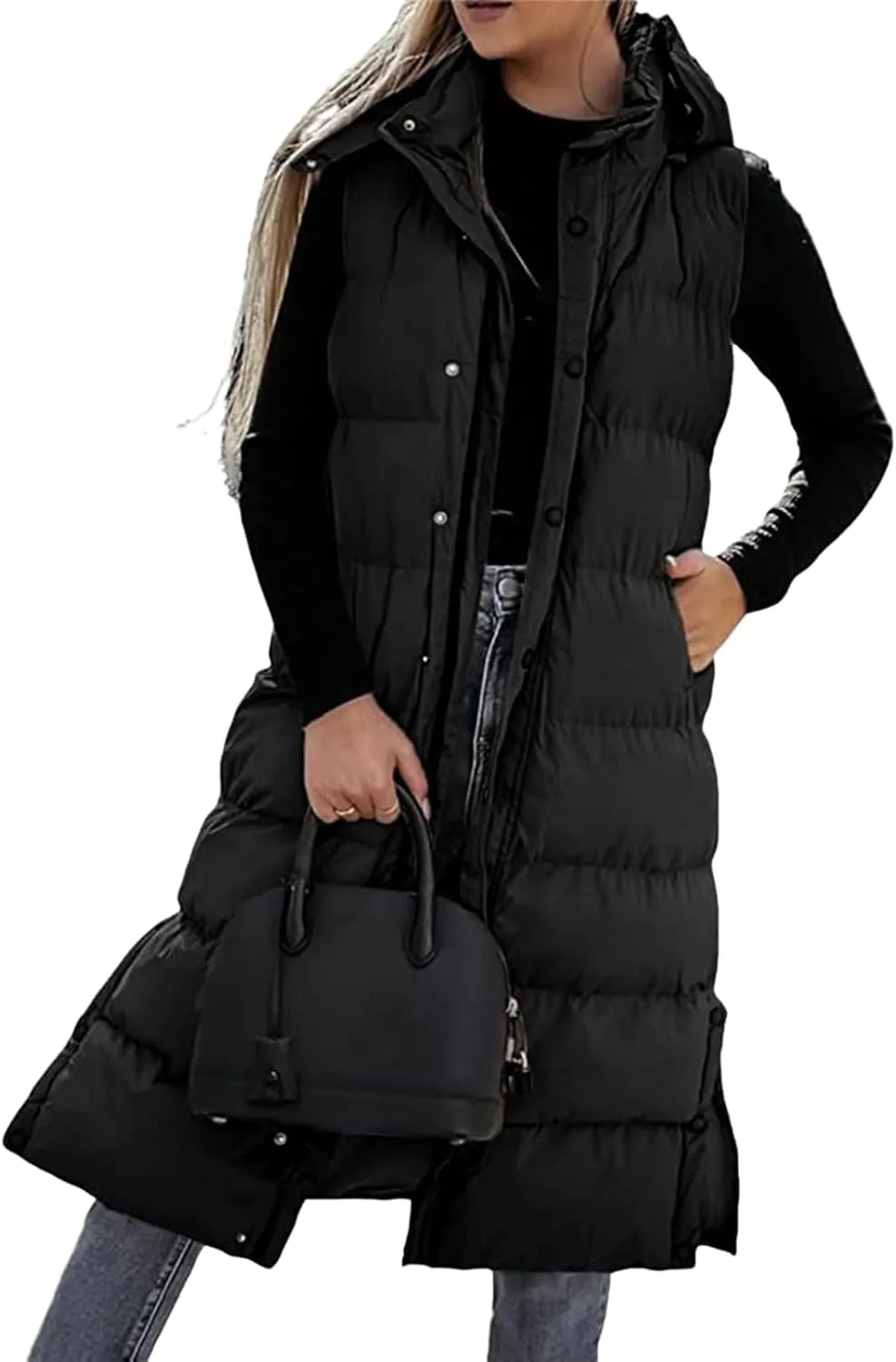 Long Puffer Vest Women Winter Warm Hooded Down Vest Oversized Sleveless Quilted Puffy Jacket Zipper Cotton Padded Coat