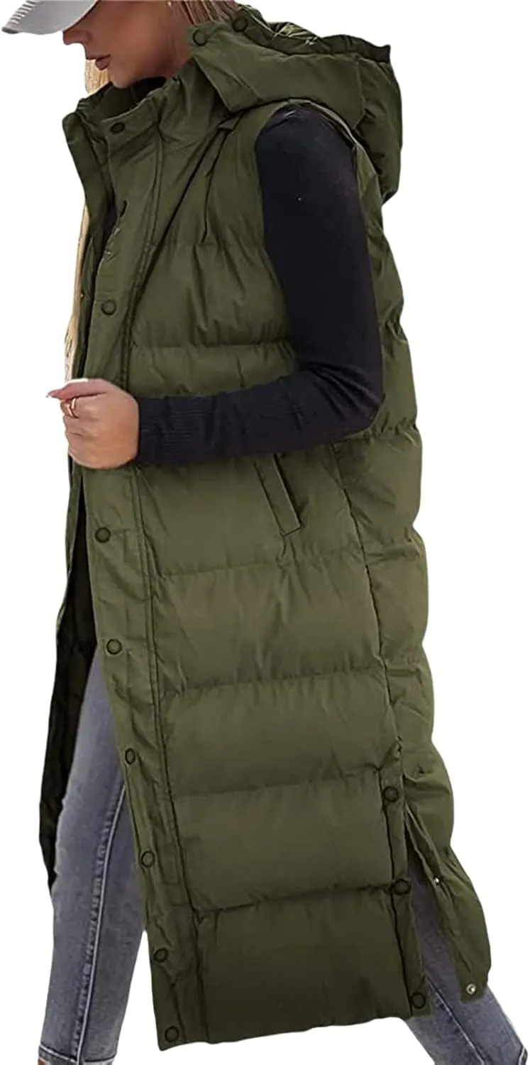 Long Puffer Vest Women Winter Warm Hooded Down Vest Oversized Sleveless Quilted Puffy Jacket Zipper Cotton Padded Coat