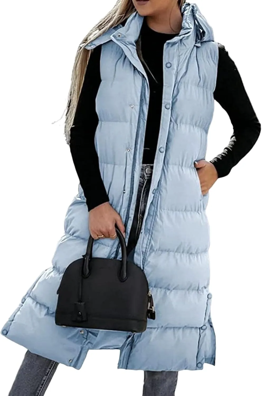 Long Puffer Vest Women Winter Warm Hooded Down Vest Oversized Sleveless Quilted Puffy Jacket Zipper Cotton Padded Coat