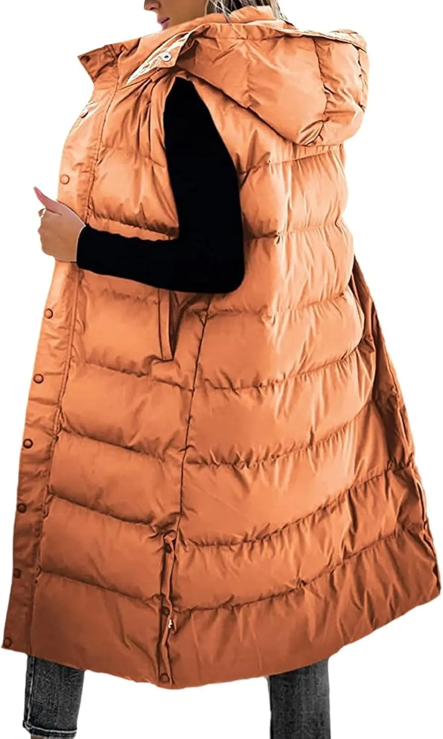 Long Puffer Vest Women Winter Warm Hooded Down Vest Oversized Sleveless Quilted Puffy Jacket Zipper Cotton Padded Coat