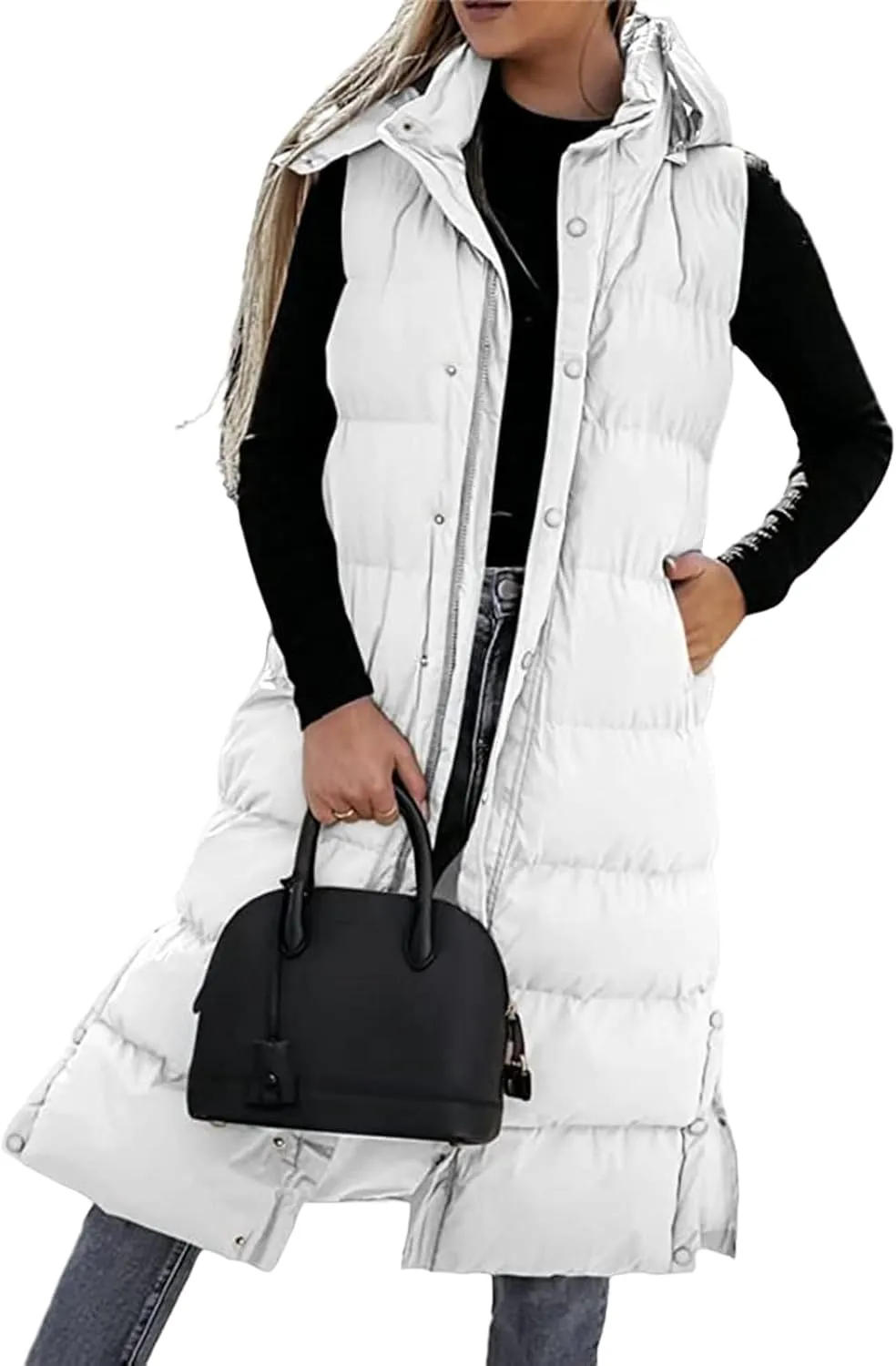 Long Puffer Vest Women Winter Warm Hooded Down Vest Oversized Sleveless Quilted Puffy Jacket Zipper Cotton Padded Coat