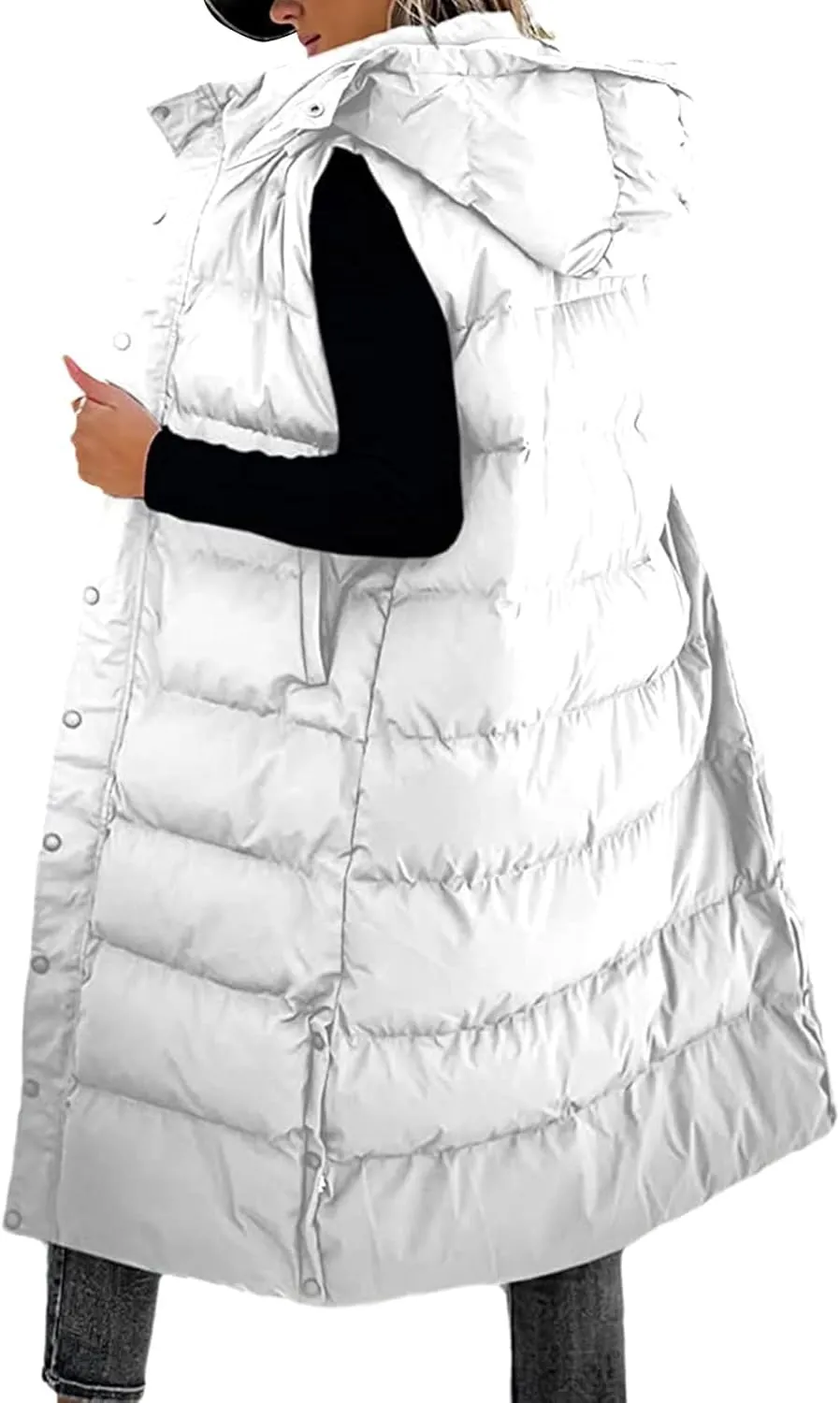 Long Puffer Vest Women Winter Warm Hooded Down Vest Oversized Sleveless Quilted Puffy Jacket Zipper Cotton Padded Coat