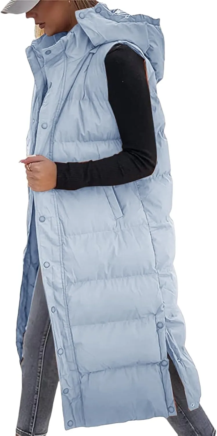 Long Puffer Vest Women Winter Warm Hooded Down Vest Oversized Sleveless Quilted Puffy Jacket Zipper Cotton Padded Coat