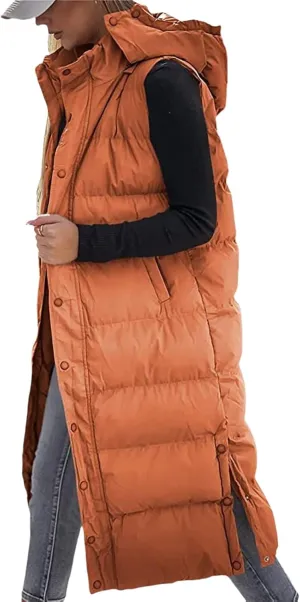 Long Puffer Vest Women Winter Warm Hooded Down Vest Oversized Sleveless Quilted Puffy Jacket Zipper Cotton Padded Coat