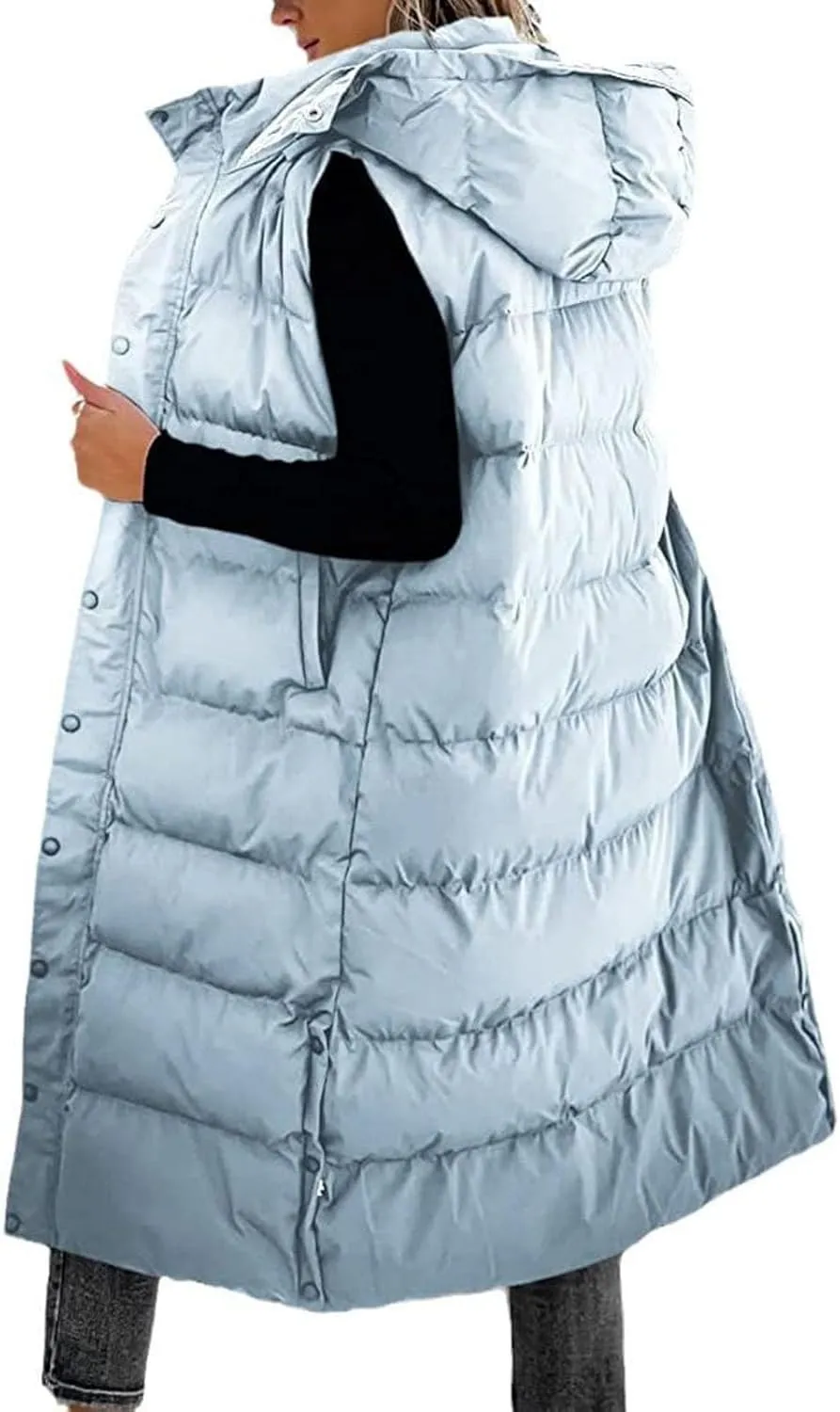 Long Puffer Vest Women Winter Warm Hooded Down Vest Oversized Sleveless Quilted Puffy Jacket Zipper Cotton Padded Coat