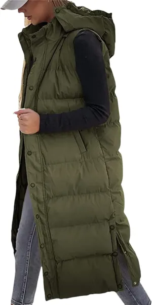 Long Puffer Vest Women Winter Warm Hooded Down Vest Oversized Sleveless Quilted Puffy Jacket Zipper Cotton Padded Coat