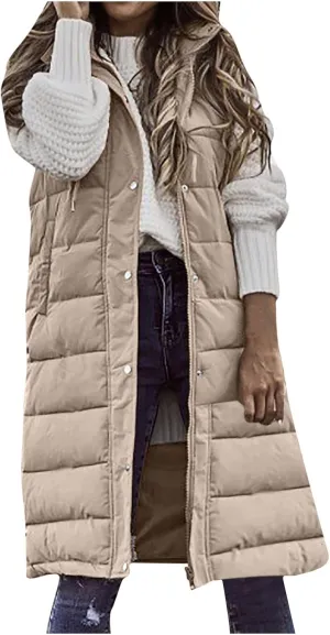Long Puffer Vest Women With Hood Warm Sleeveless Solid Color Down Jacket Winter Lightweight Zipper Button Puffy Vest