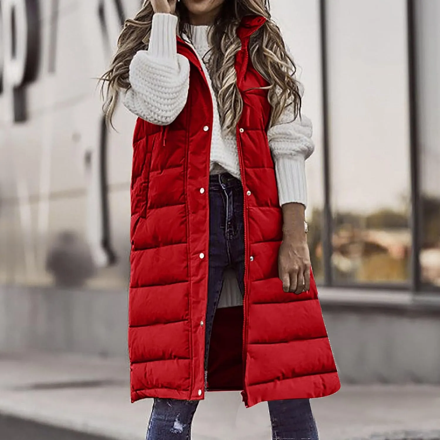 Long Puffer Vest Women With Hood Warm Sleeveless Solid Color Down Jacket Winter Lightweight Zipper Button Puffy Vest