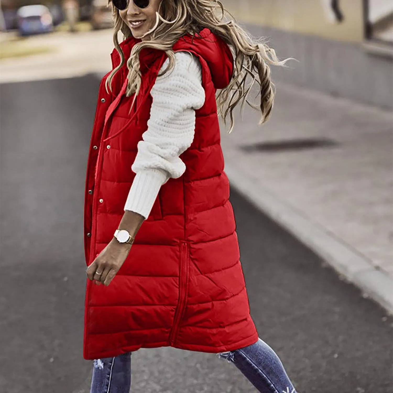Long Puffer Vest Women With Hood Warm Sleeveless Solid Color Down Jacket Winter Lightweight Zipper Button Puffy Vest