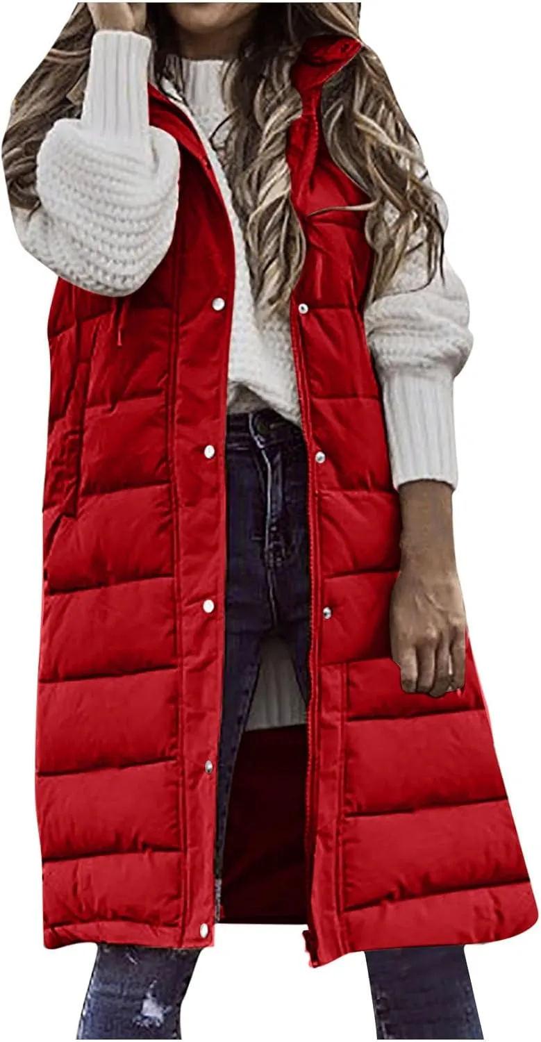 Long Puffer Vest Women With Hood Warm Sleeveless Solid Color Down Jacket Winter Lightweight Zipper Button Puffy Vest
