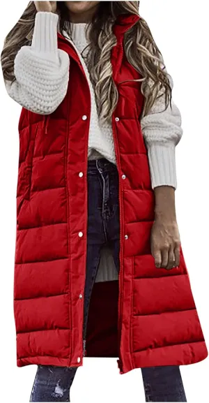 Long Puffer Vest Women With Hood Warm Sleeveless Solid Color Down Jacket Winter Lightweight Zipper Button Puffy Vest