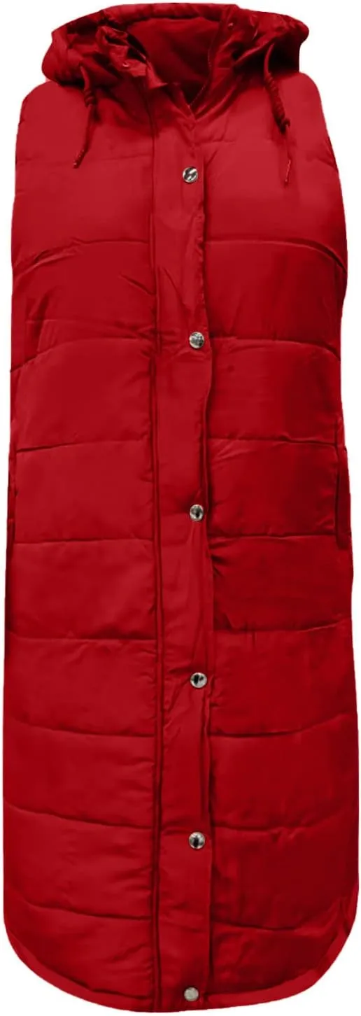 Long Puffer Vest Women With Hood Warm Sleeveless Solid Color Down Jacket Winter Lightweight Zipper Button Puffy Vest