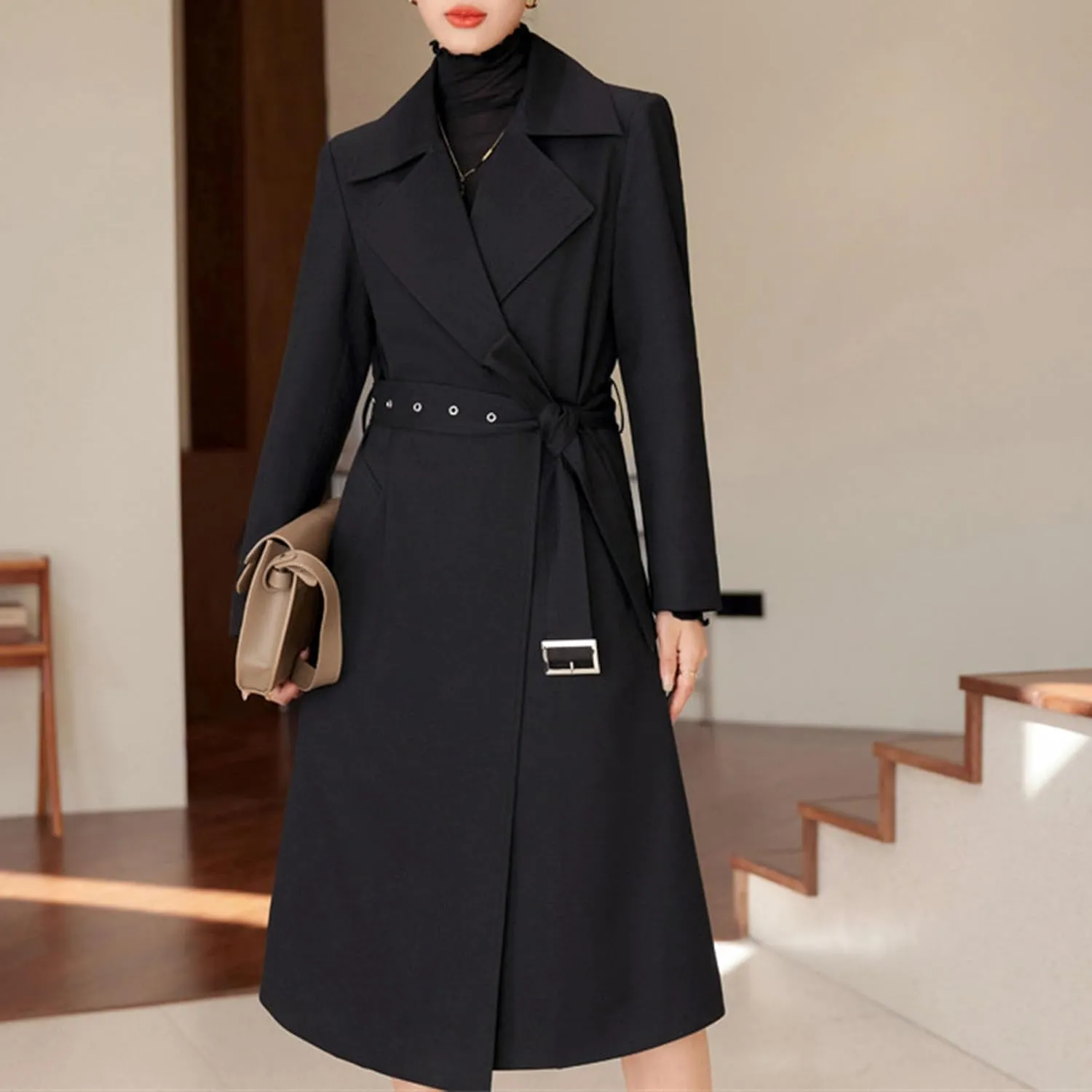 Maiyifu-GJ Women's Long Trench Coat Double Breasted Classic Lapel Overcoat Spring Fall Fashion Coats Windproof Outerwear