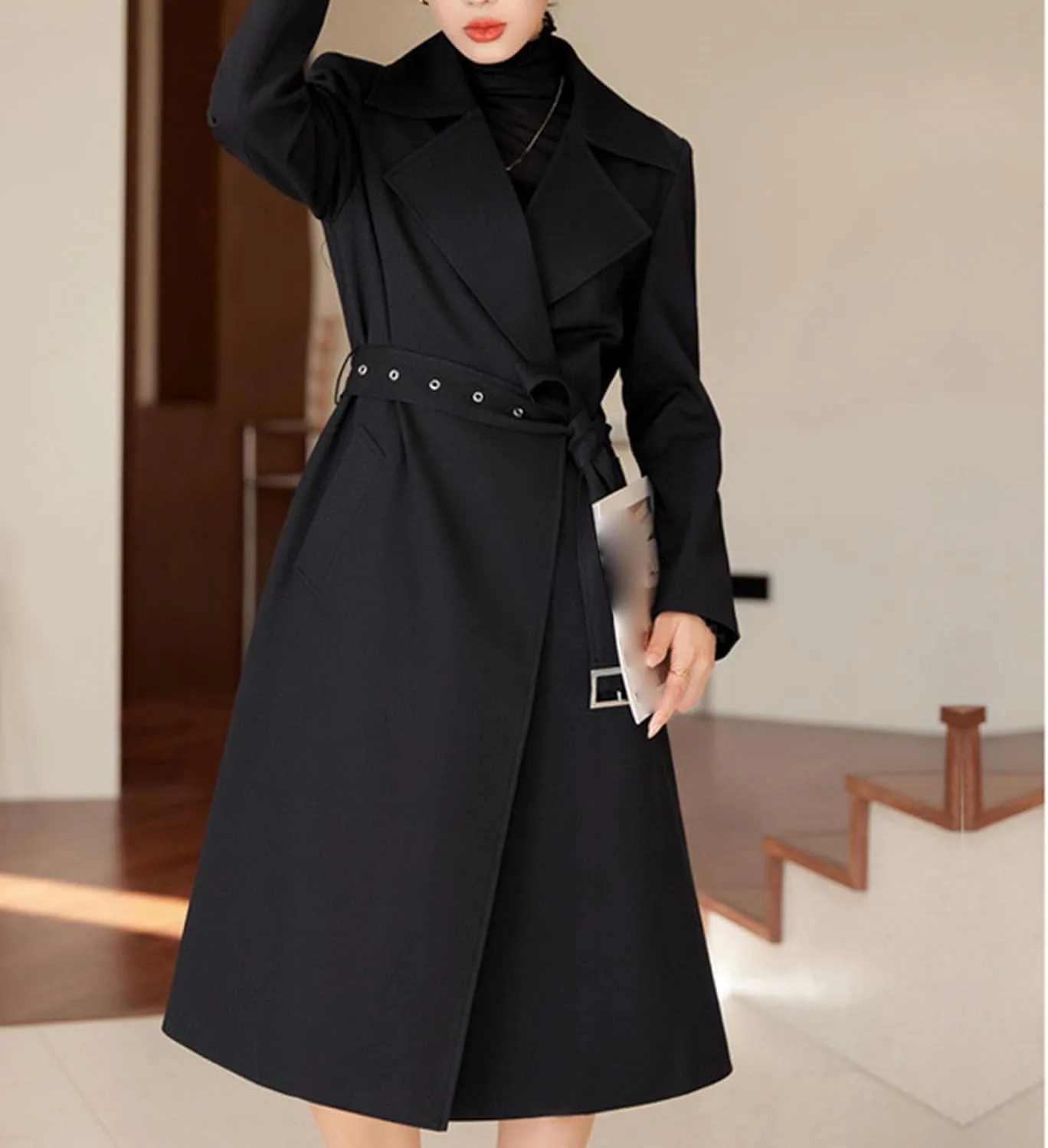 Maiyifu-GJ Women's Long Trench Coat Double Breasted Classic Lapel Overcoat Spring Fall Fashion Coats Windproof Outerwear