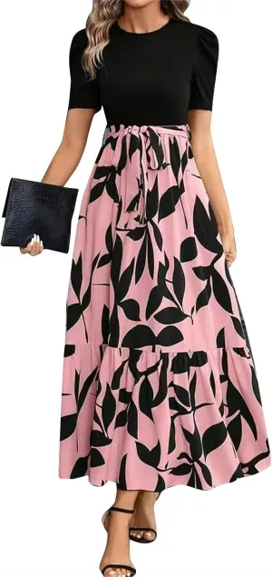 Maxi Dresses for Women 2025 Summer Tie Empire Waist Teacher Dress Casual Elegant Patchwork Flowy Ruffle Floral Dress