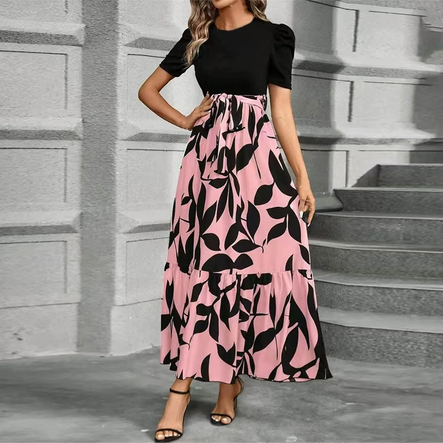 Maxi Dresses for Women 2025 Summer Tie Empire Waist Teacher Dress Casual Elegant Patchwork Flowy Ruffle Floral Dress