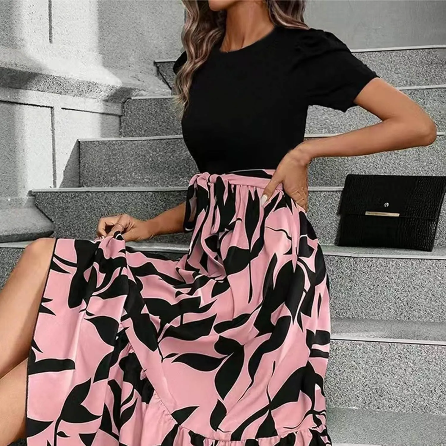 Maxi Dresses for Women 2025 Summer Tie Empire Waist Teacher Dress Casual Elegant Patchwork Flowy Ruffle Floral Dress