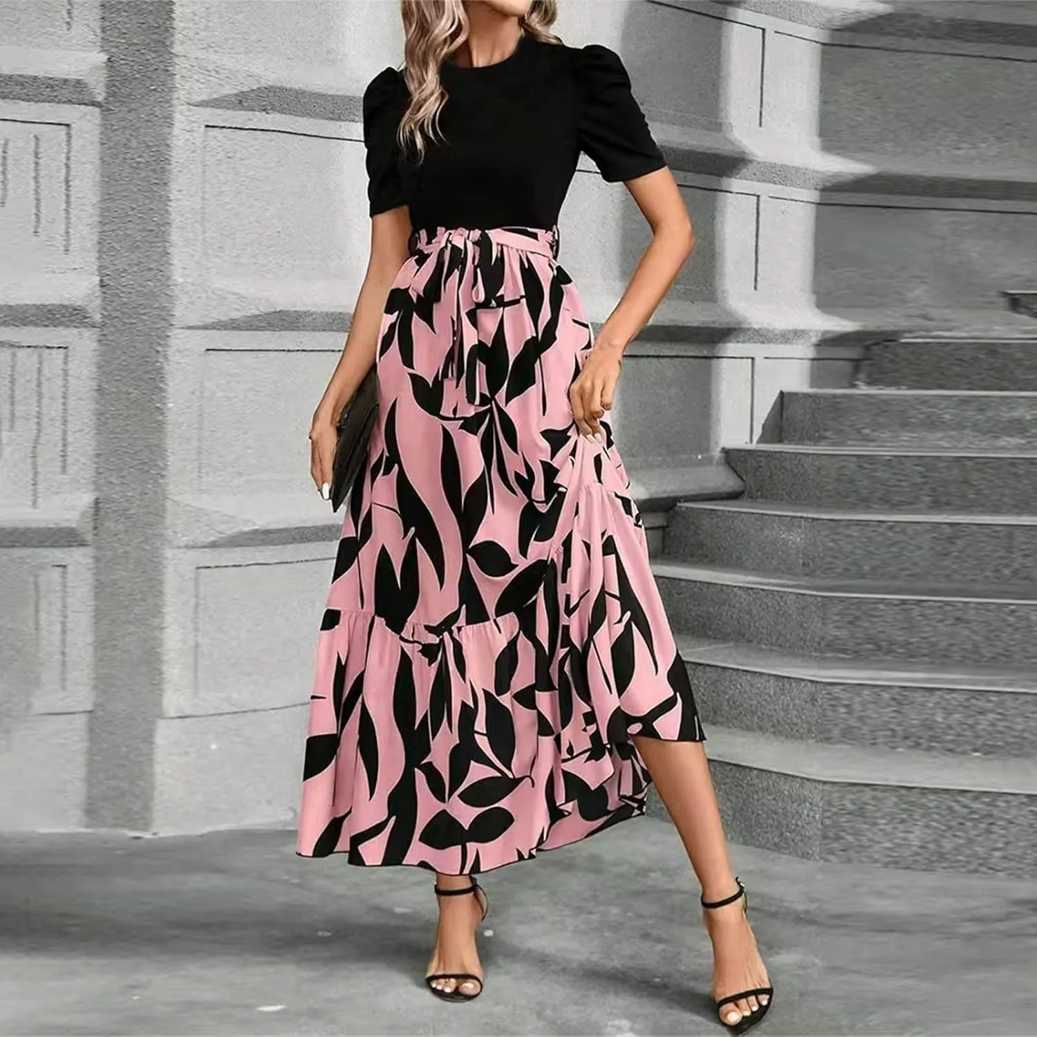 Maxi Dresses for Women 2025 Summer Tie Empire Waist Teacher Dress Casual Elegant Patchwork Flowy Ruffle Floral Dress