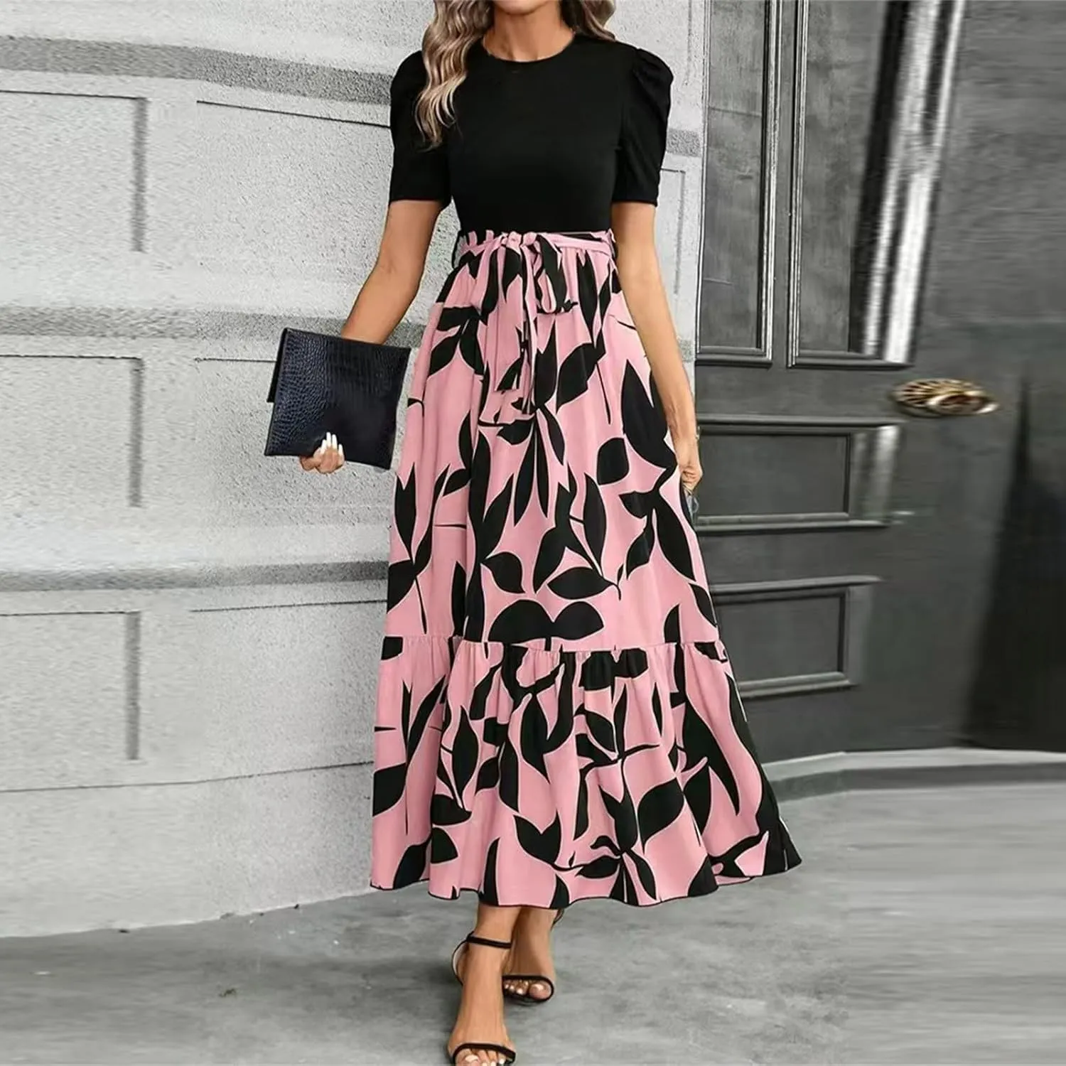 Maxi Dresses for Women 2025 Summer Tie Empire Waist Teacher Dress Casual Elegant Patchwork Flowy Ruffle Floral Dress