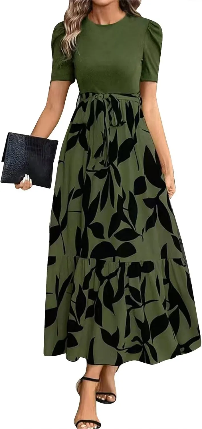 Maxi Dresses for Women 2025 Summer Tie Empire Waist Teacher Dress Casual Elegant Patchwork Flowy Ruffle Floral Dress