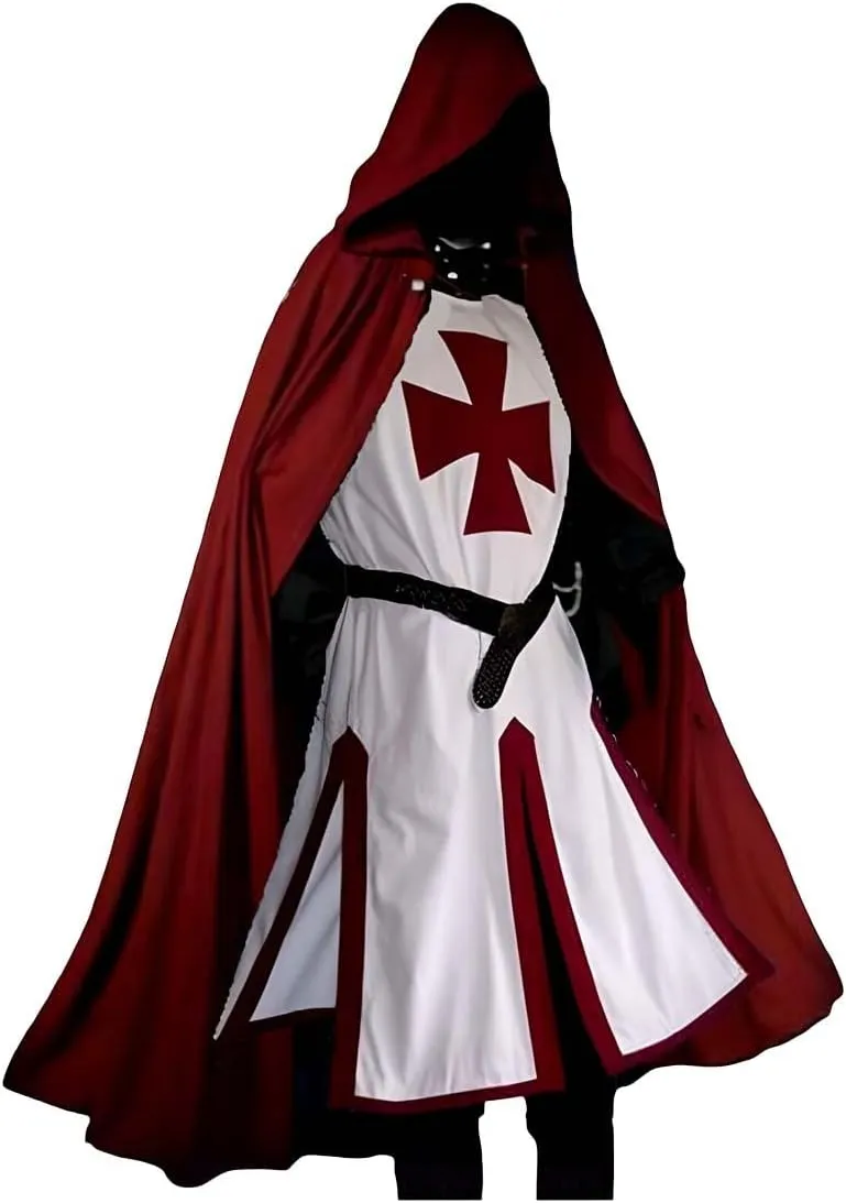 Medieval Crusader Knight Robe with Hooded Cloak & Surcoat for Warrior Renaissance Templar Tunic Epic Cosplay Costume
