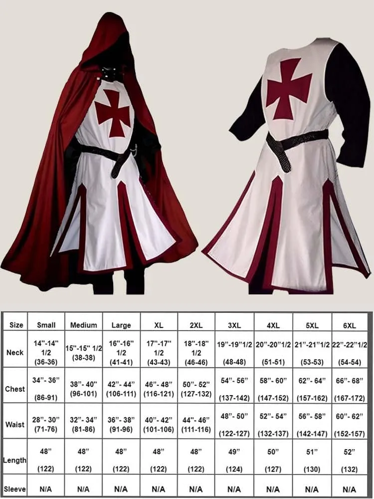 Medieval Crusader Knight Robe with Hooded Cloak & Surcoat for Warrior Renaissance Templar Tunic Epic Cosplay Costume
