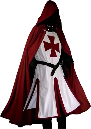Medieval Crusader Knight Robe with Hooded Cloak & Surcoat for Warrior Renaissance Templar Tunic Epic Cosplay Costume