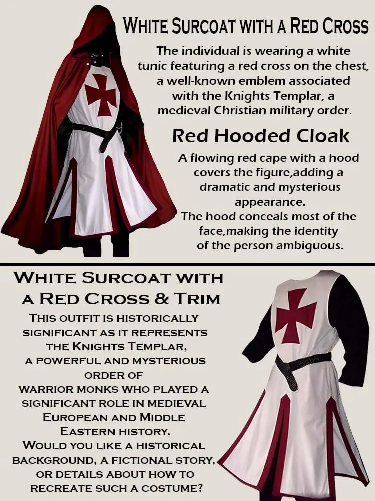 Medieval Crusader Knight Robe with Hooded Cloak & Surcoat for Warrior Renaissance Templar Tunic Epic Cosplay Costume